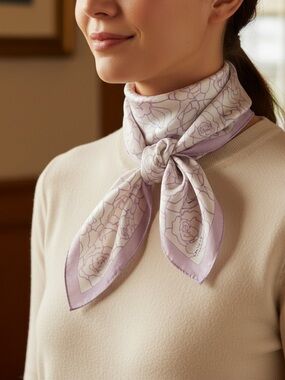 Authentic LANVIN COLLECTION Floral Cotton Handkerchief Scarf White Purple 22x22